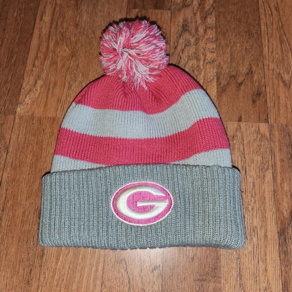 Georgia Bulldogs UGA Beanie Hat Pink Grey Striped Knit Pom Pom Women NCAA 731